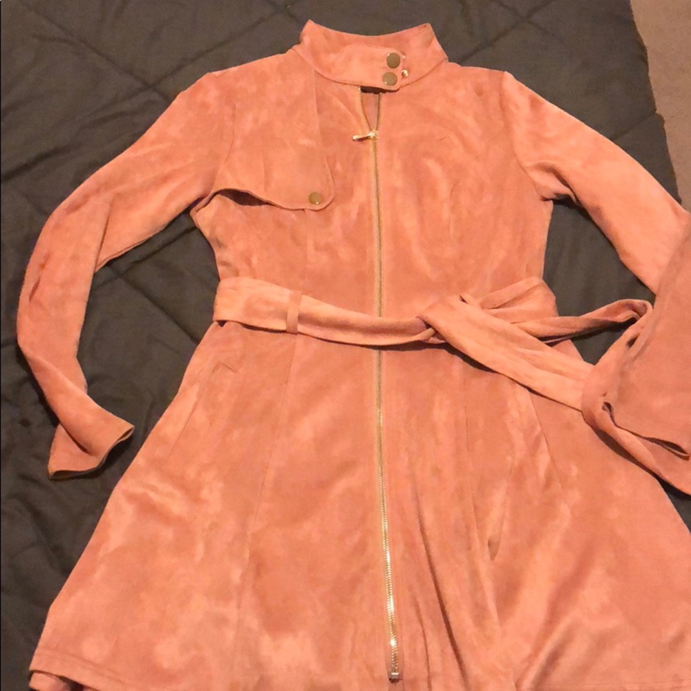 Faux suede fit and flare pink jacket with belt
